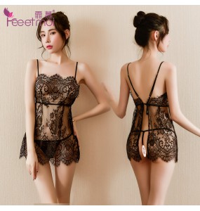 FEE ET MOI Sexy Lace See Through Open Back Lingerie (Black)